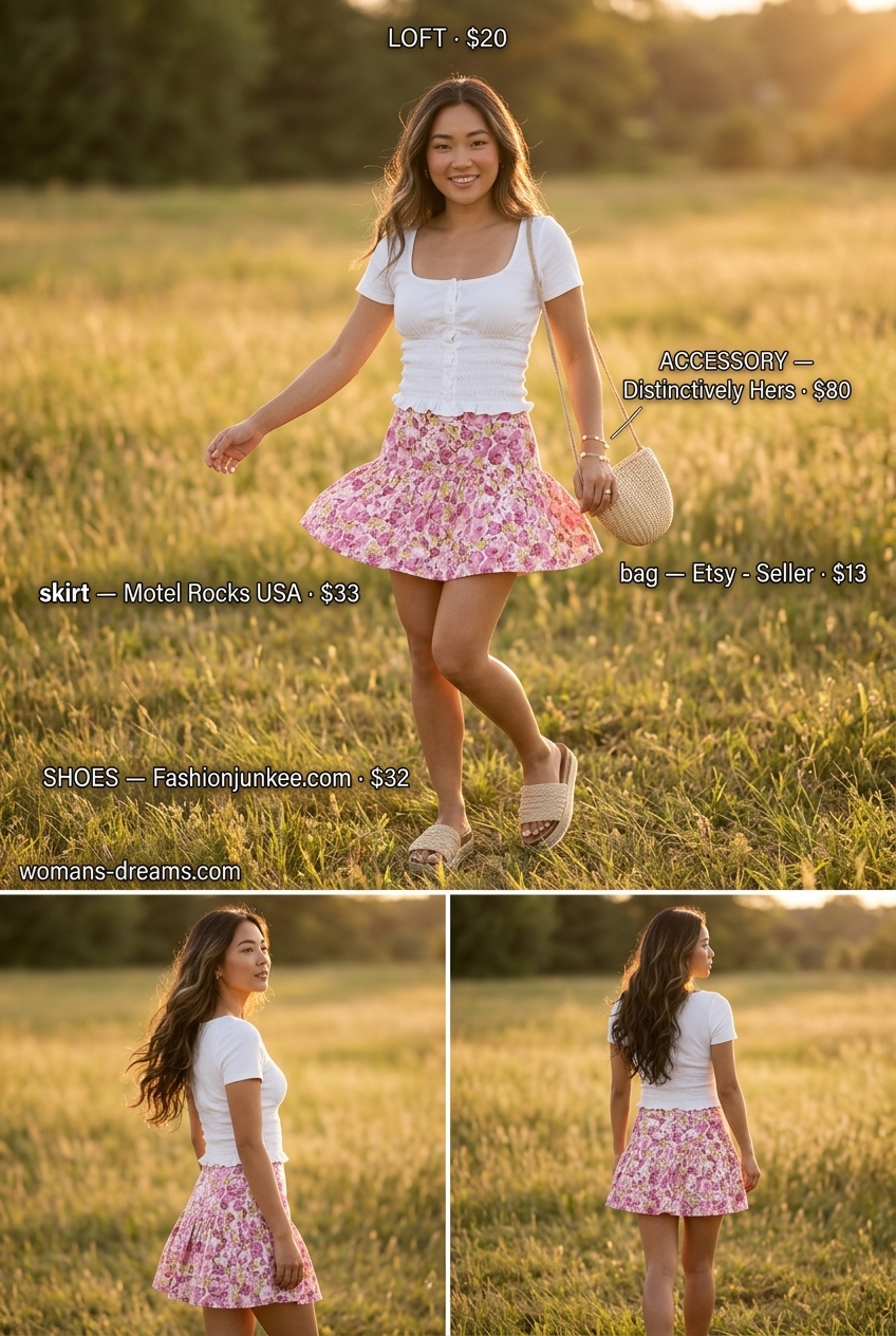 Playful summer square neck outfits for women 2026: Pink floral skirt, white top, espadrilles for picnics.