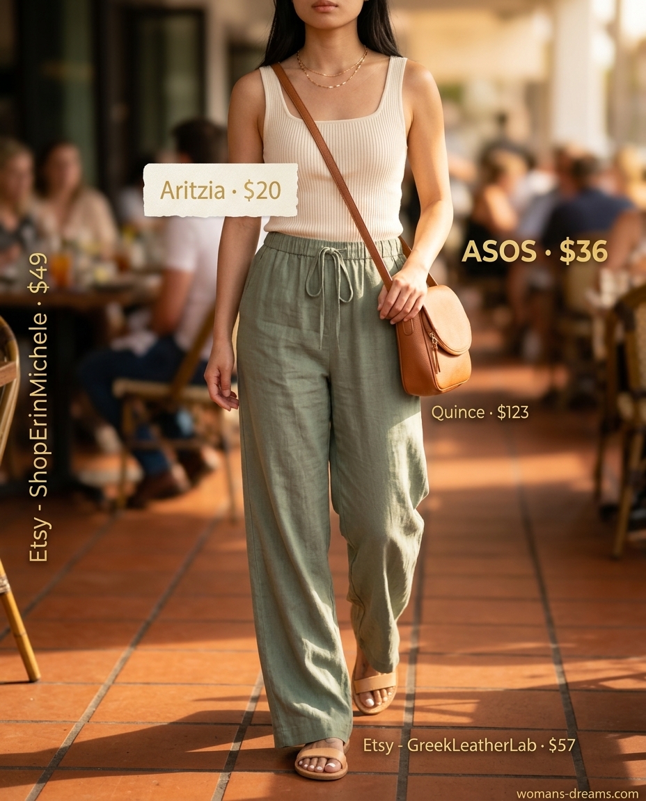 Relaxed summer square neck outfits for women 2026: Sage green linen pants, cream tank top for brunch.