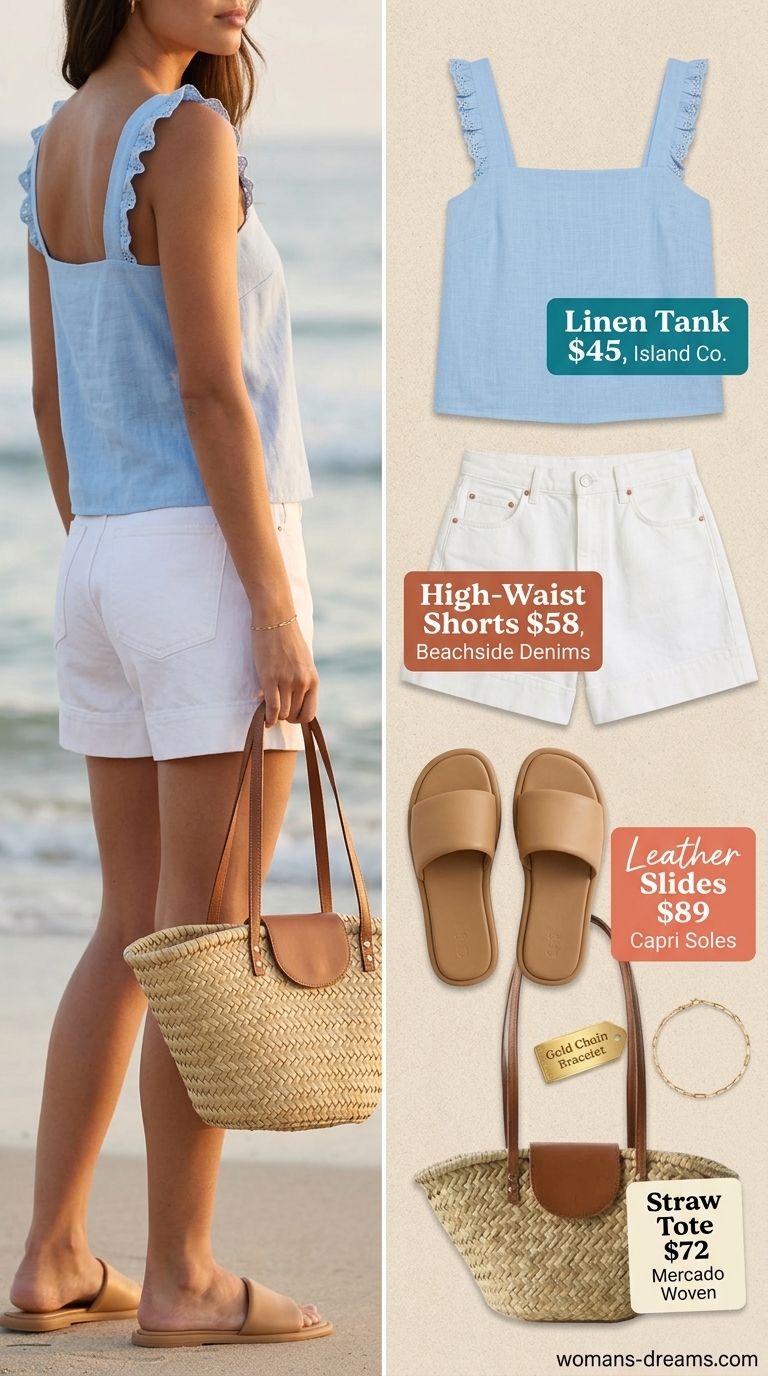 Relaxed summer Square Neck outfits for women 2026: Sky blue top, white shorts, slide sandals, and straw tote.