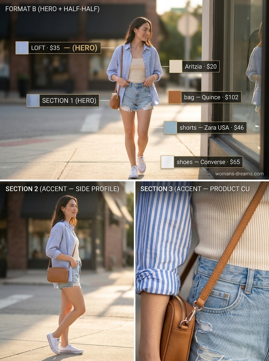 Blue/white striped square neck shirt with denim shorts and crossbody bag. Summer Square Neck outfits for women 2026.