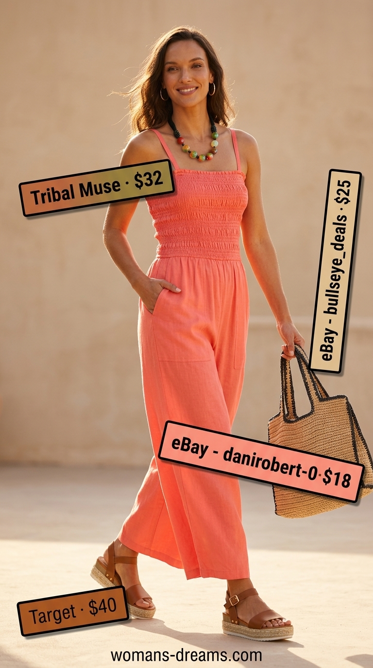 Vibrant summer Square Neck outfits for women 2026: Coral jumpsuit, espadrilles, straw tote, and layered necklaces.