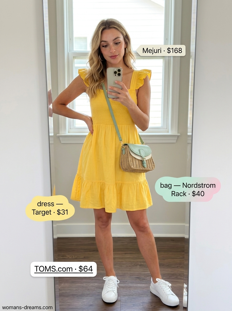 Bright yellow square neck mini dress with white sneakers and straw bag. Summer Square Neck outfits for women 2026.