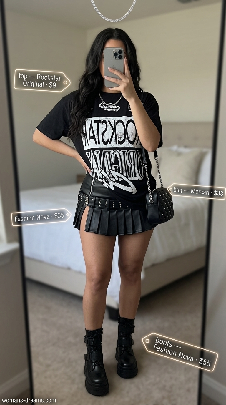 Urban Edge: Black ultra-mini skirt, graphic tee, combat boots, silver chain. Edgy summer outfits for women 2026.