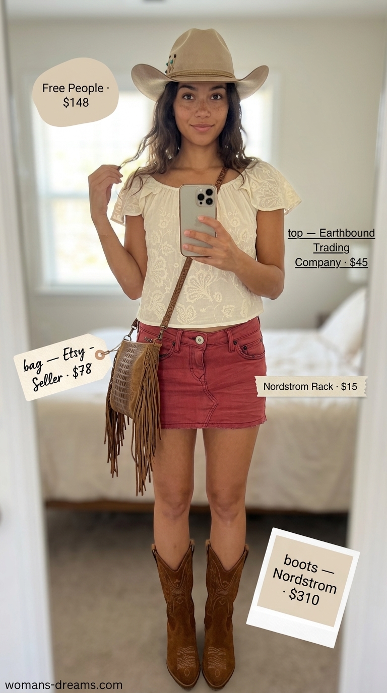 Coastal cowgirl denim ultra-mini skirt outfit for women 2026, ideal for festivals and summer outings.