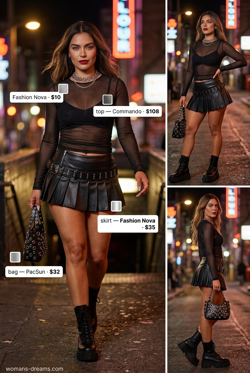 Edgy black ultra-mini skirt outfit for women 2026, ideal for concerts and nightclubs.
