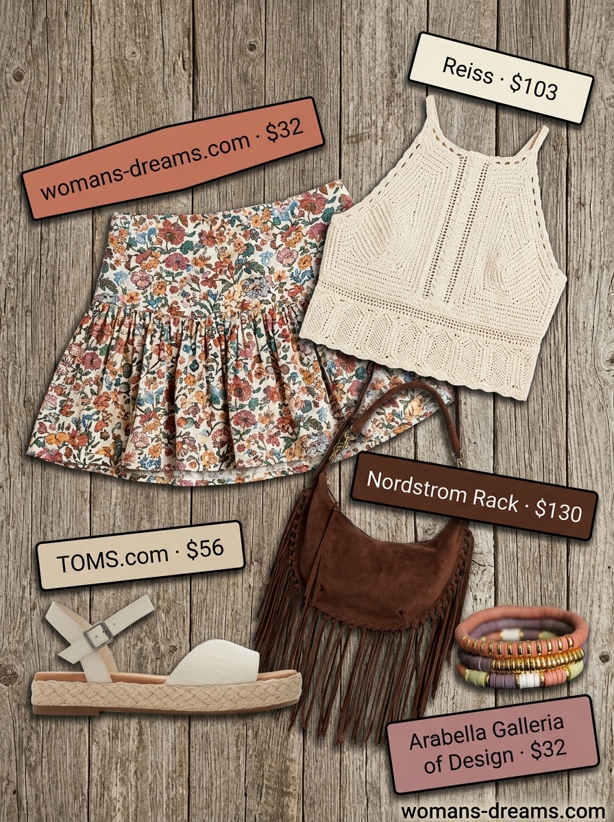 Boho Summer Mini: Floral ultra-mini skirt, crochet top, espadrilles, suede bag. Festival summer outfits for women 2026.