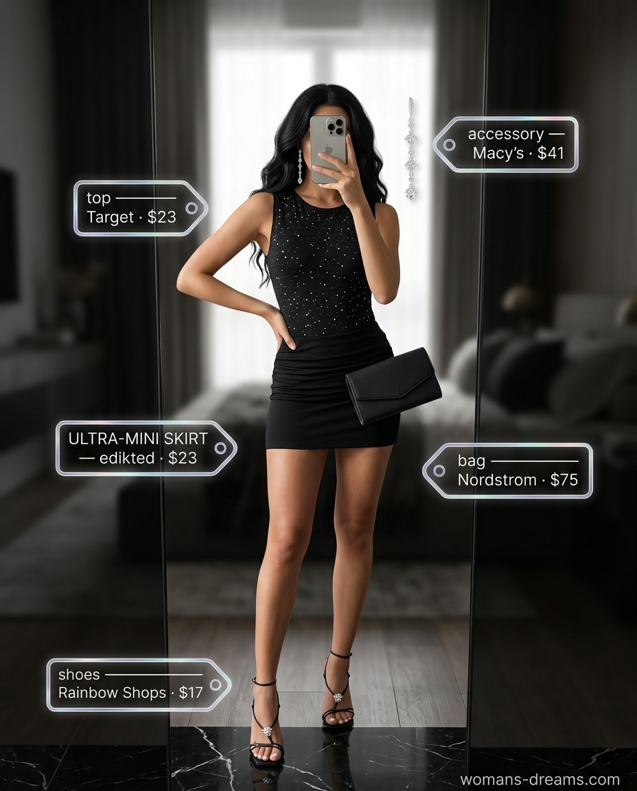 Glamorous Gold Hour Glow: Black bodysuit, gold ultra-mini skirt, black heels, rhinestone earrings. Summer party outfits 2026.