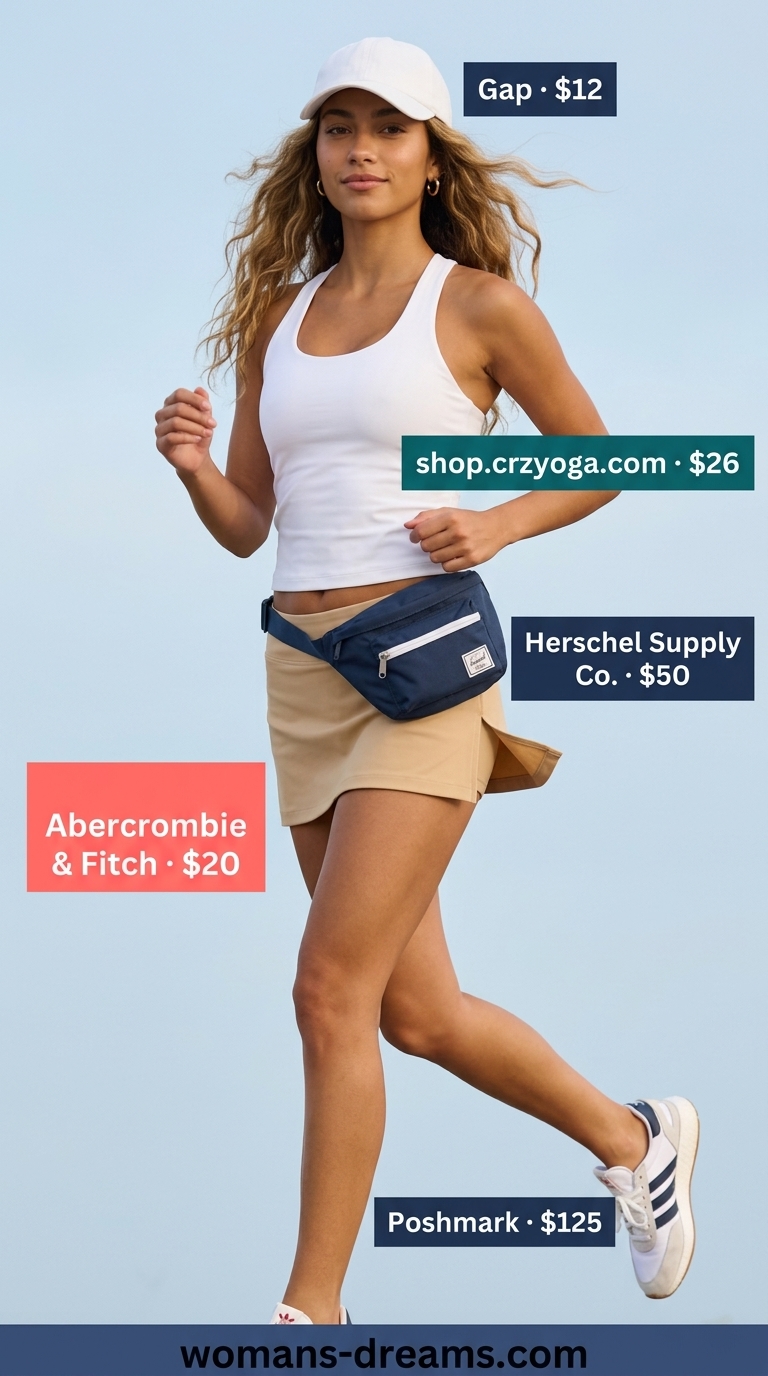 Sporty Summer Mini: Navy ultra-mini skirt, white tank, retro sneakers, belt bag. Active summer outfits for women 2026.