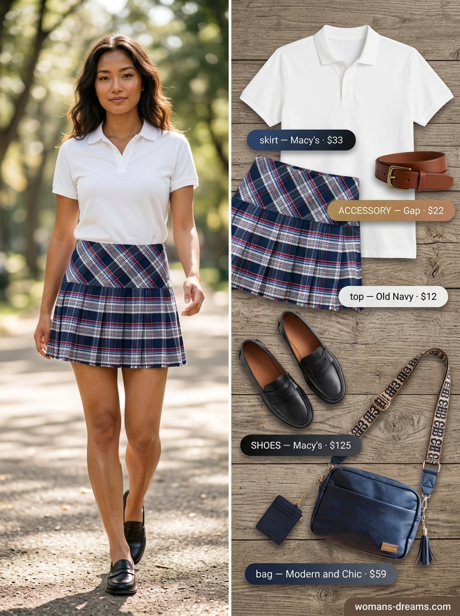 Preppy Summer Day: Navy plaid ultra-mini skirt, white polo, penny loafers, beige bag. Summer outfits for women 2026.