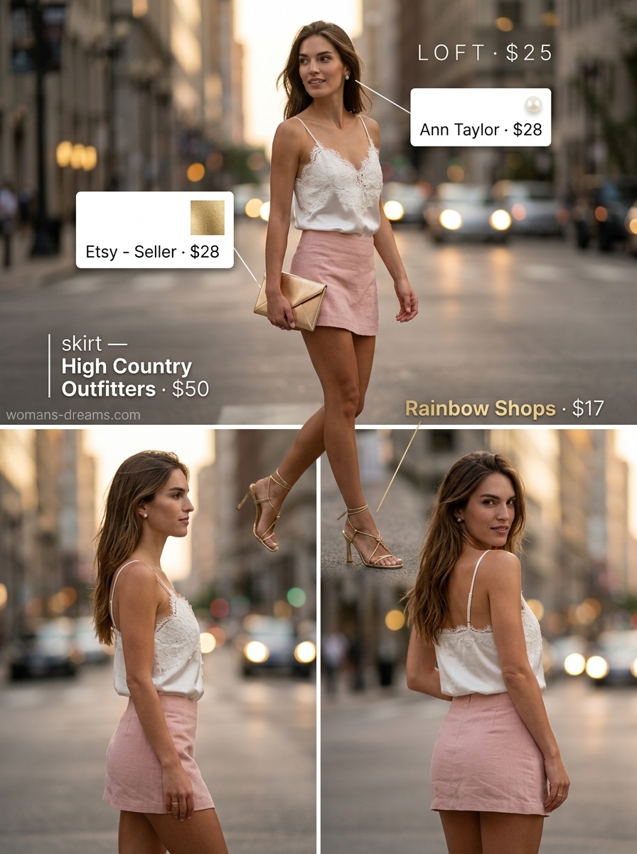 Romantic blush pink ultra-mini skirt outfit for women 2026, perfect for date nights and special occasions.