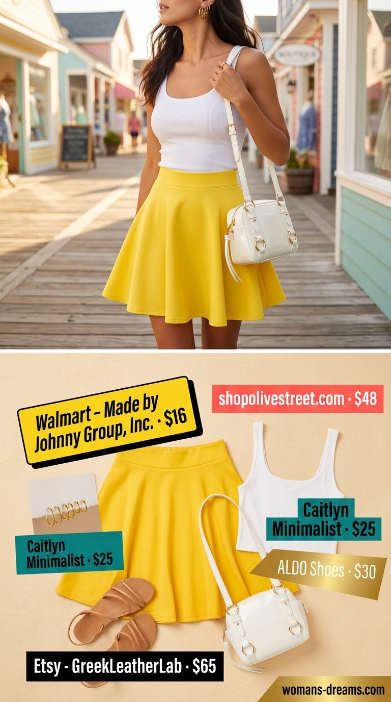 Sun-Kissed Mini Moment: Yellow ultra-mini skirt, white tank, leather sandals, crossbody bag. Playful summer outfits for women 2026.