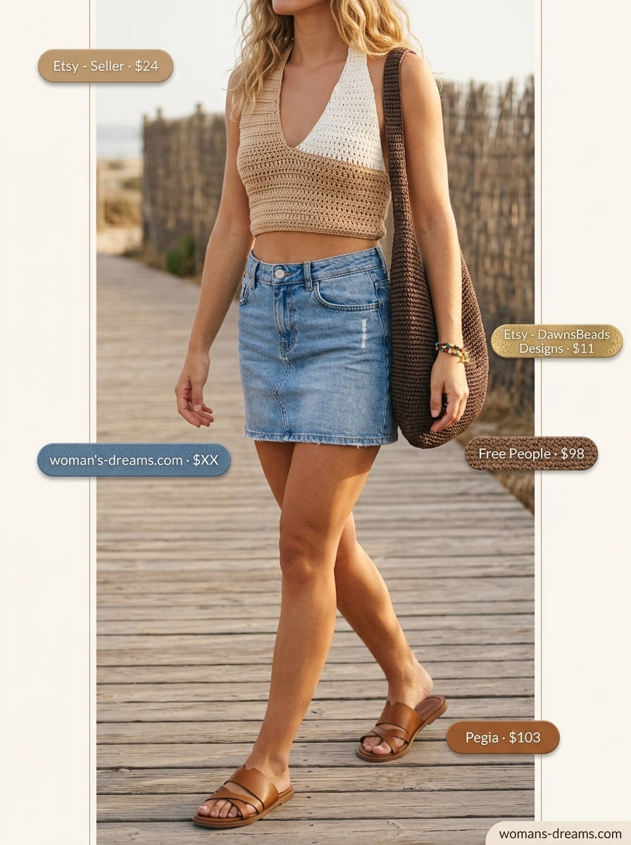 Sunset Beach Vibes: Denim ultra-mini skirt, crochet halter top, leather slides, straw tote & beaded bracelets. Summer outfits 2026.