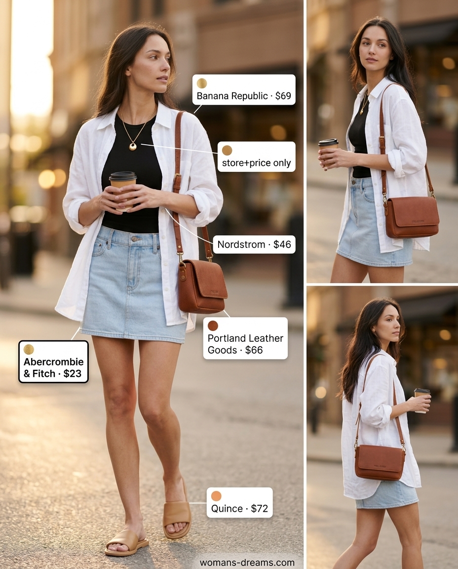 Casual Cool: Denim ultra-mini skirt, oversized linen shirt, leather slides, crossbody bag & gold pendant. Summer outfits for women 2026.