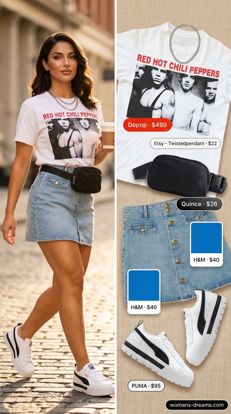 City Explorer: Denim A-line ultra-mini skirt, graphic tee, chunky sneakers, belt bag & chain necklace. Summer outfits for women 2026.