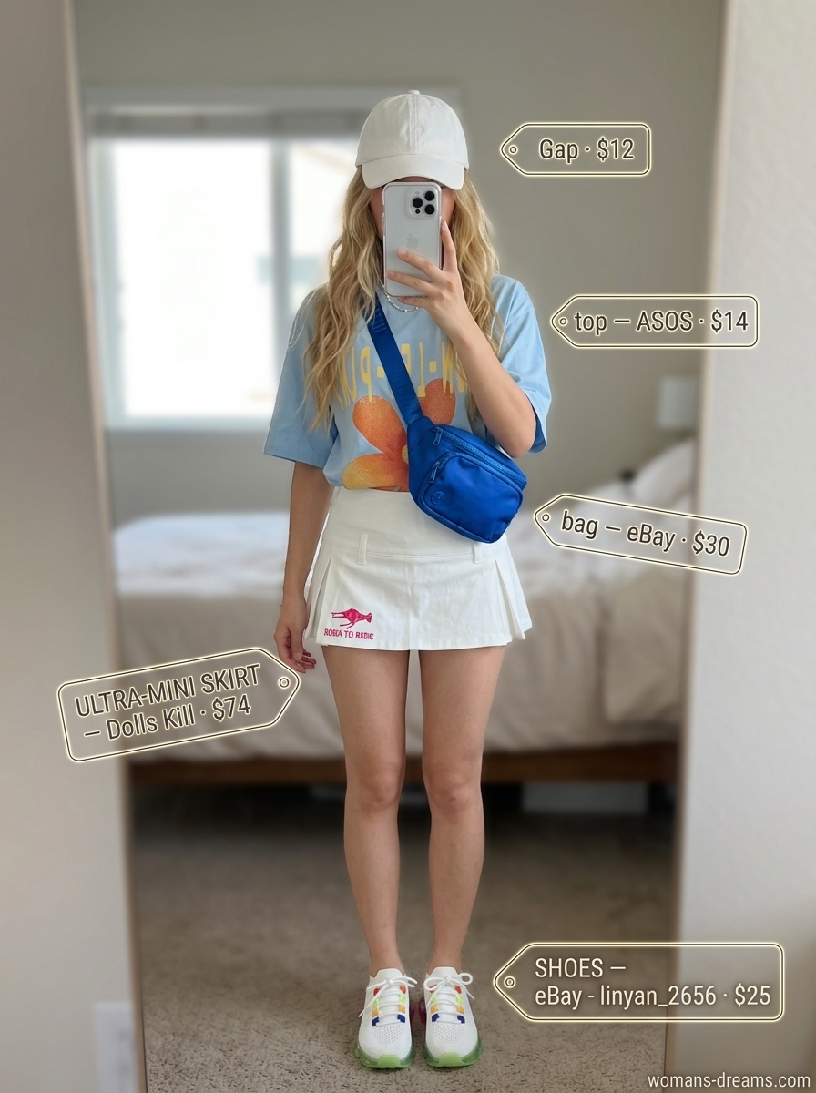 Sporty Spice: Blue graphic tee ultra-mini skirt, white cap, nylon belt bag & multi-color sneakers. Summer outfits for women 2026.
