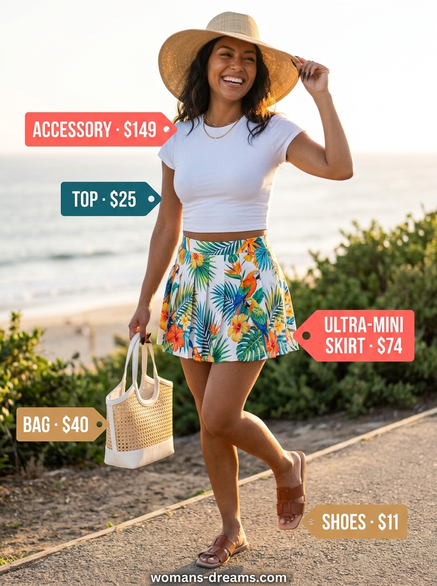 Vacation Ready: Multicolor tropical print ultra-mini skirt, white tee, straw tote & hat. Summer outfits for women 2026.