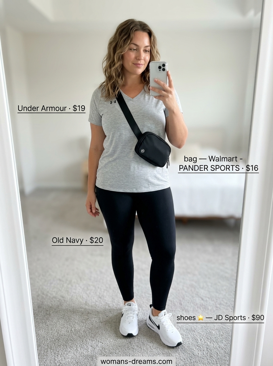 Comfortable summer v-neck outfits women 2026: Charcoal grey v-neck tee, black leggings, and athletic sneakers.