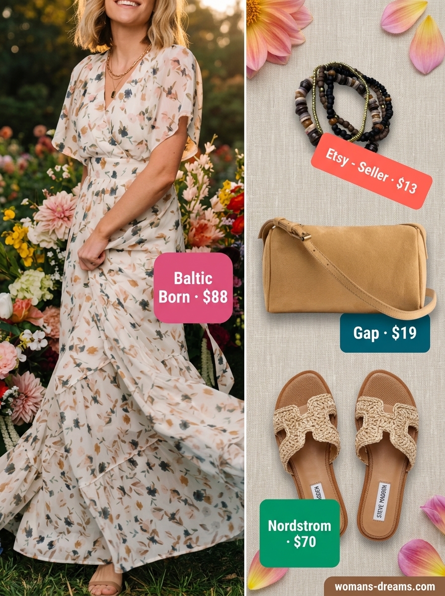 Bohemian summer v-neck outfits women 2026: Floral maxi dress, espadrilles, and layered bracelets.