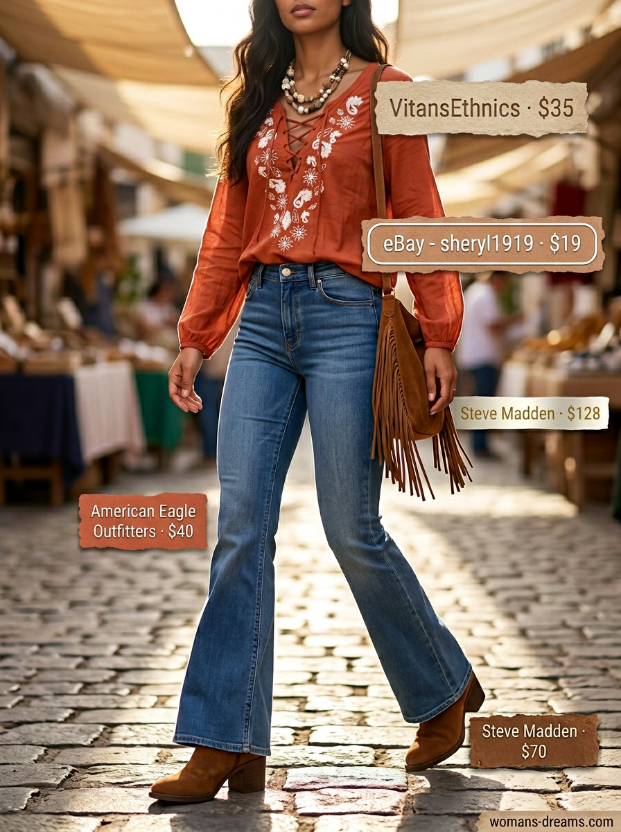 Bohemian summer v-neck outfits women 2026: Terracotta orange peasant blouse, flared jeans, suede bag, and layered necklaces.