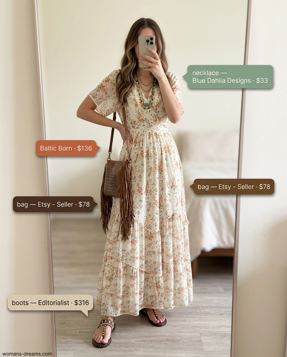Summer v-neck outfits women 2026: Rust floral v-neck maxi dress, embellished sandals, layered necklaces, and fringe bag.