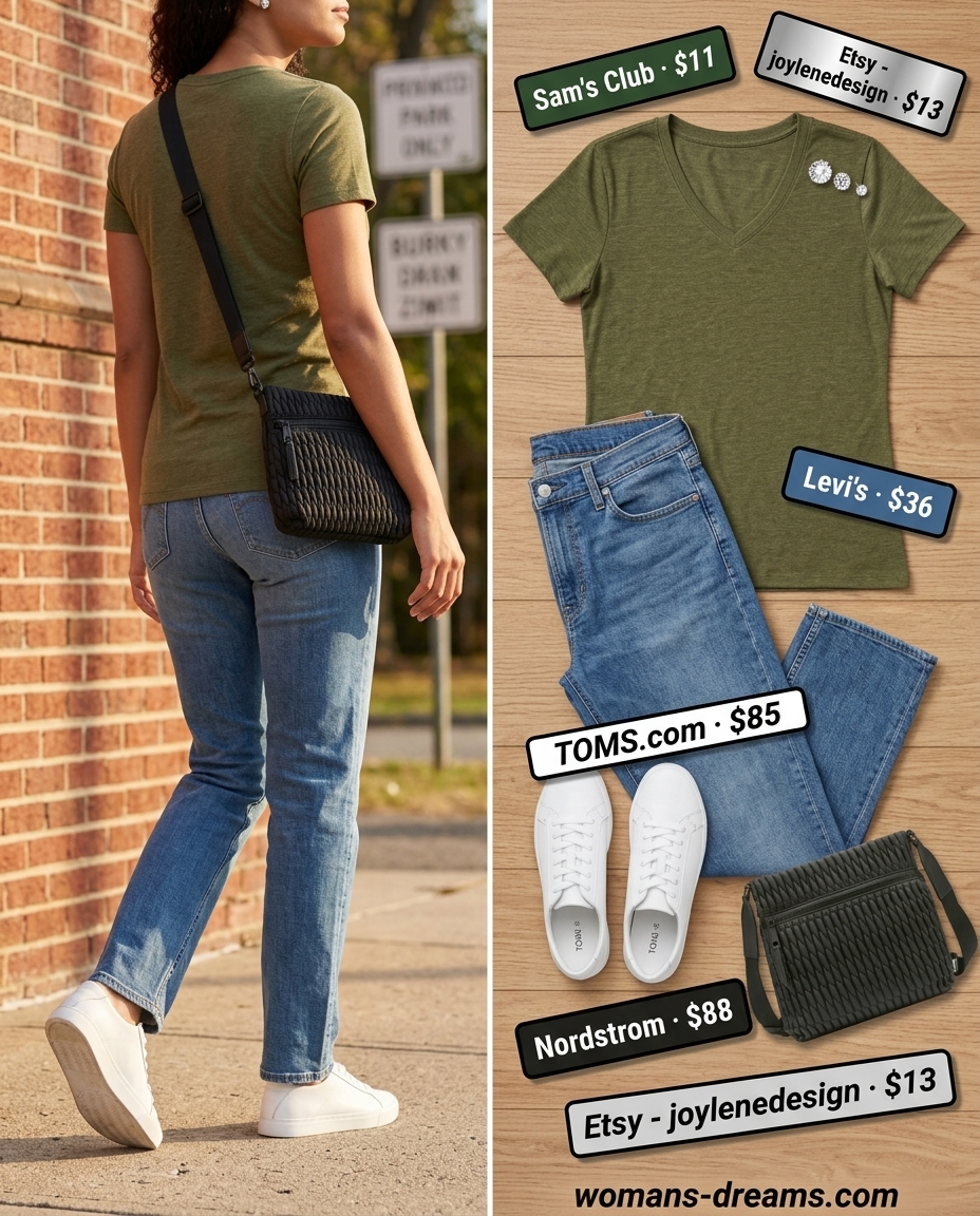 Summer v-neck outfits women 2026: Olive green v-neck tee, straight-leg jeans, white sneakers, and crossbody bag.