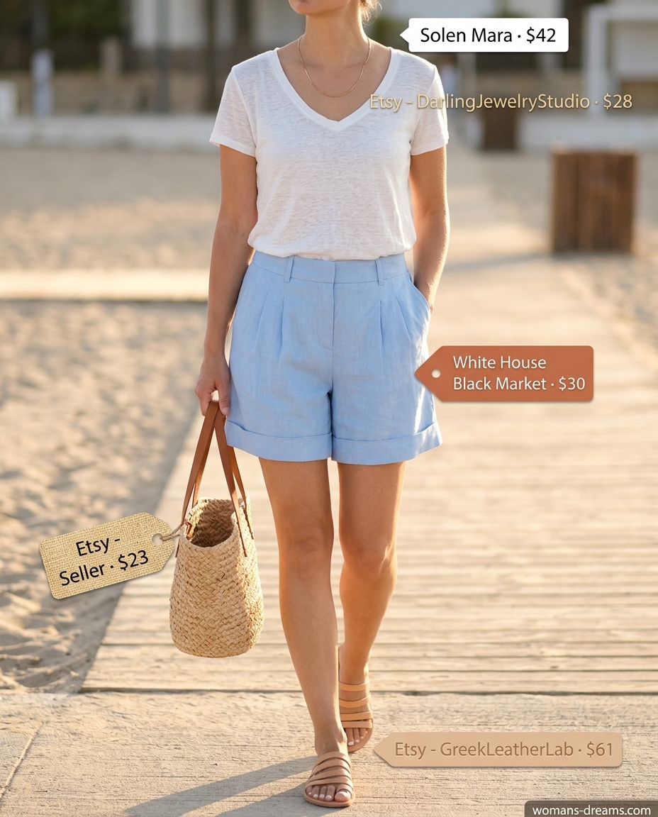 Summer v-neck outfits women 2026: White linen v-neck tee, light blue linen shorts, leather slides, and straw tote.