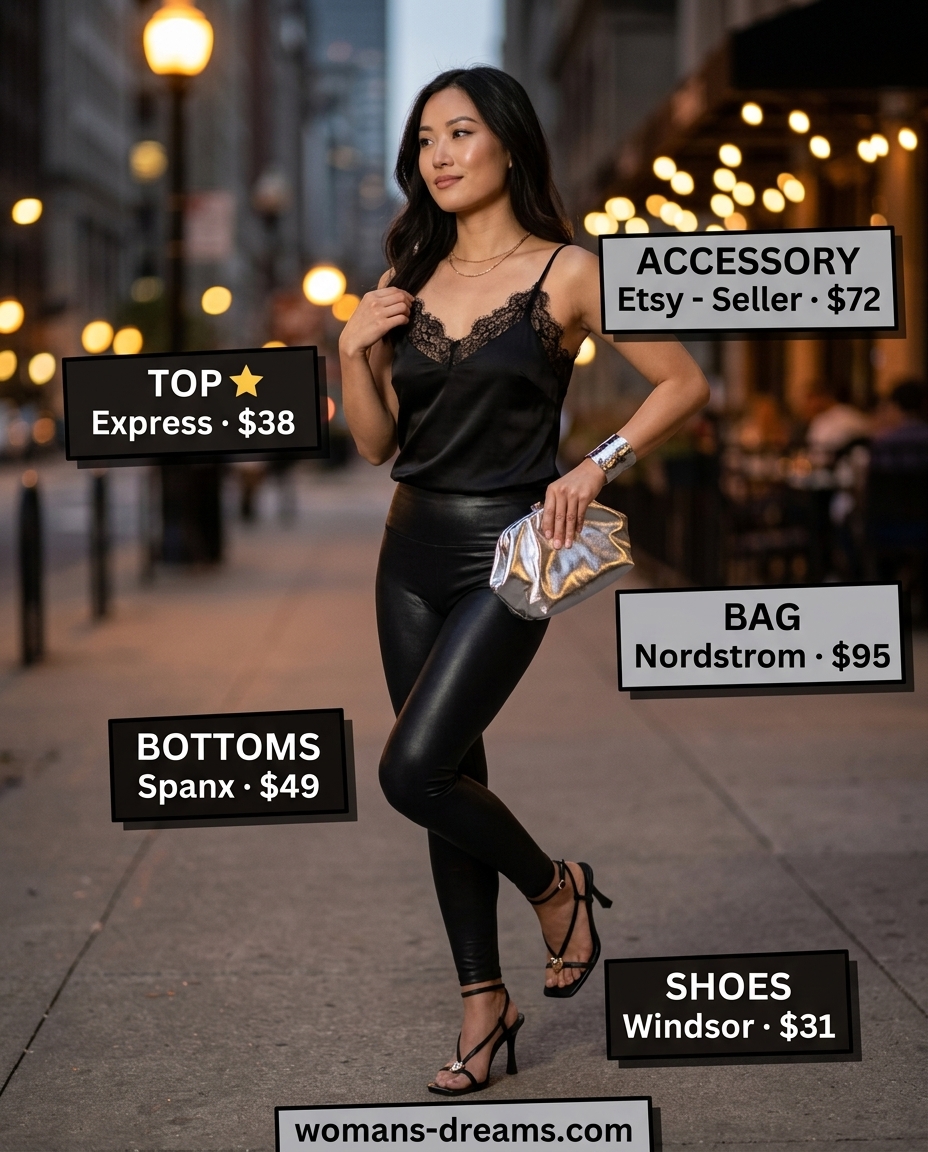 Edgy summer v-neck outfits women 2026: Black lace v-neck camisole, faux leather leggings, and silver accessories.