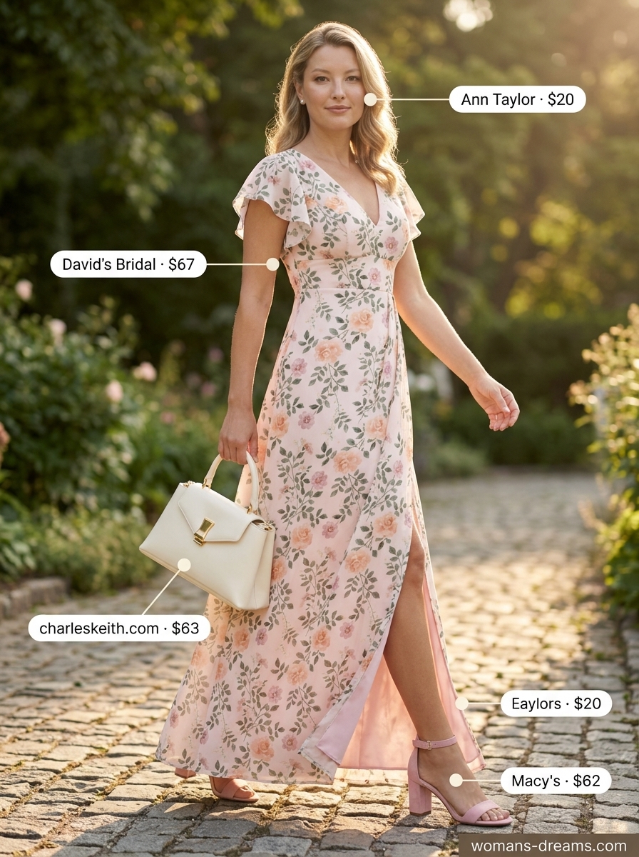 Ethereal summer v-neck outfits women 2026: Pastel floral midi dress, block heels, and pearl earrings.
