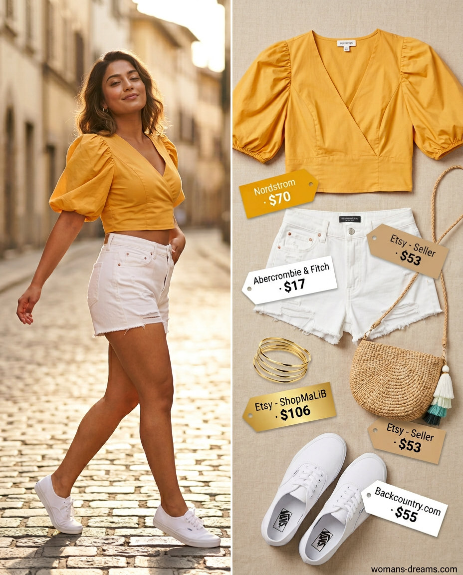 Summer v-neck outfits women 2026: Yellow v-neck crop top, denim shorts, sneakers, and straw crossbody for festivals.