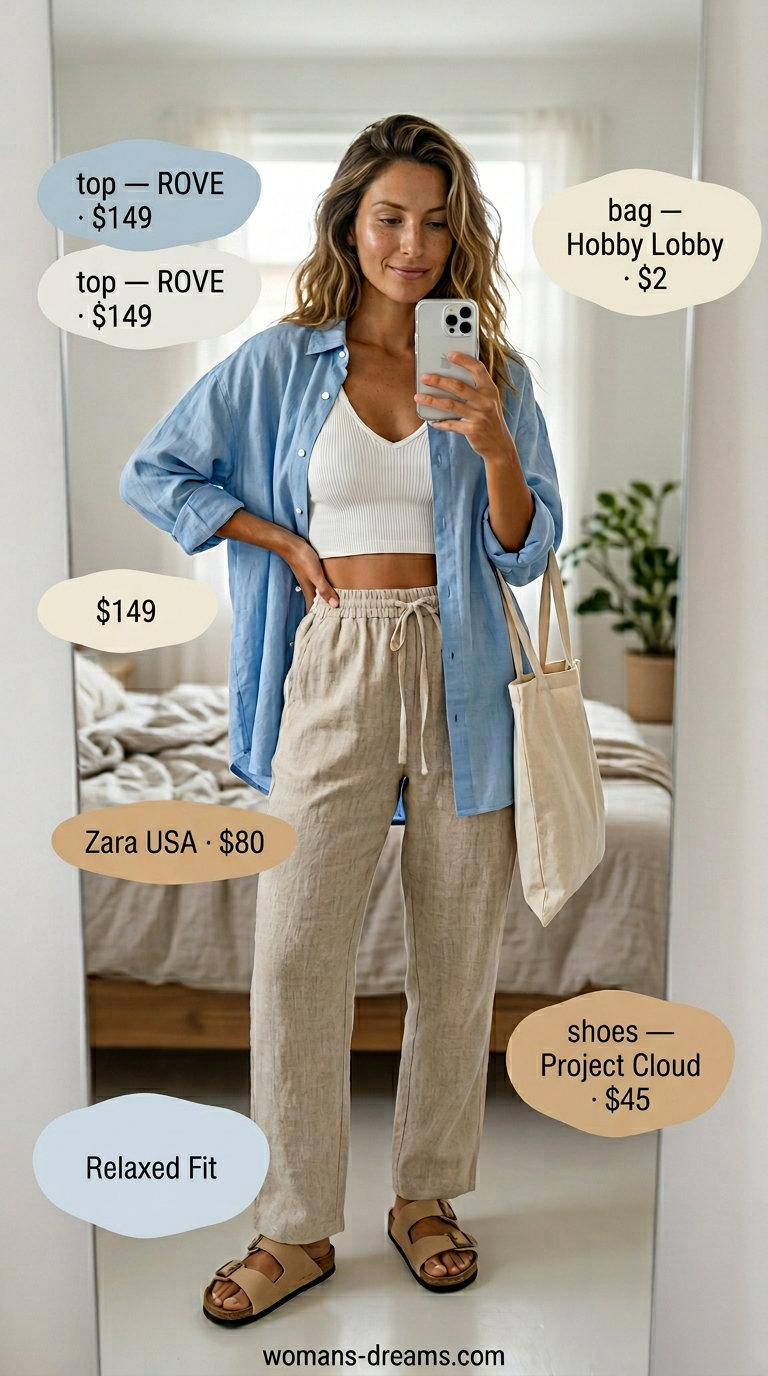 Summer v-neck outfits women 2026: Sky blue linen shirt, beige linen pants, leather slides, and canvas tote for casual travel.