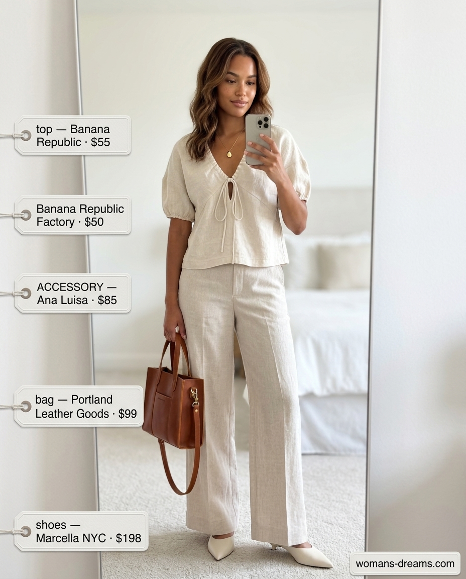Sophisticated summer v-neck outfits women 2026: Beige linen blouse, wide-leg pants, and leather mules.