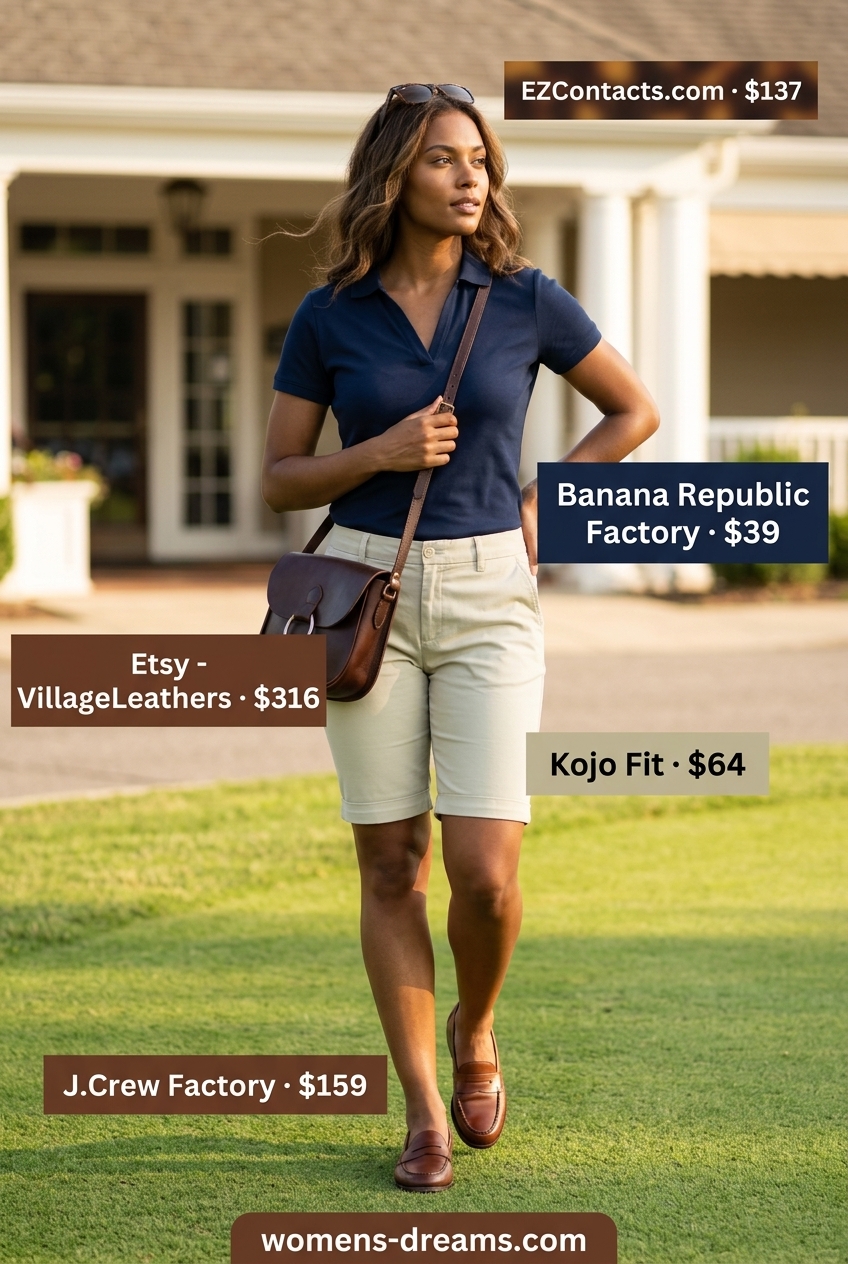 Preppy summer v-neck outfits women 2026: Navy polo shirt, khaki shorts, and leather loafers.