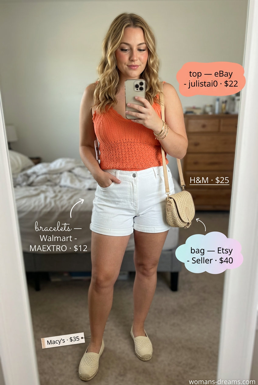 Summer v-neck outfits women 2026: Coral crochet tank, white denim shorts, espadrilles, and straw bag for beach vacation.