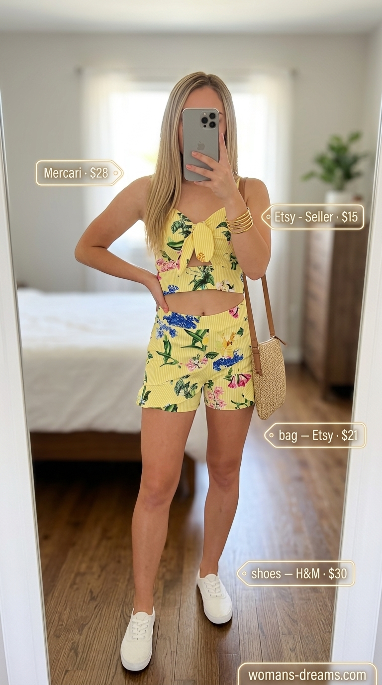 Summer v-neck outfits women 2026: Yellow floral v-neck crop top and shorts set, white sneakers, and straw crossbody.