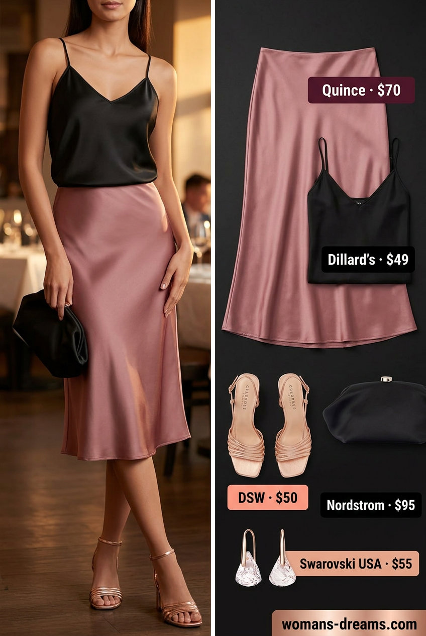 Glamorous summer v-neck outfits women 2026: Black satin camisole, red silk skirt, and rose gold accessories.