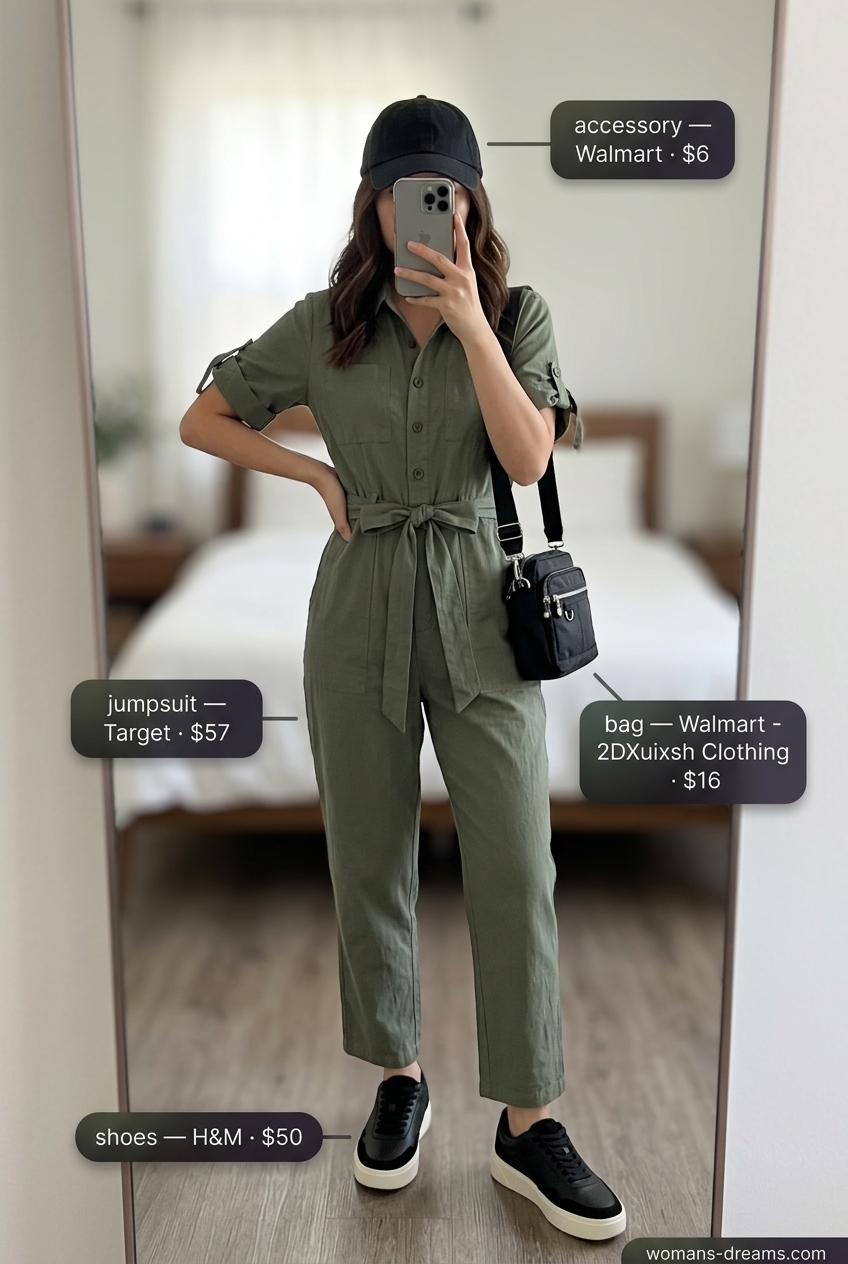 Summer v-neck outfits women 2026: Olive green utility jumpsuit, black crossbody bag, baseball cap, and chunky sneakers.