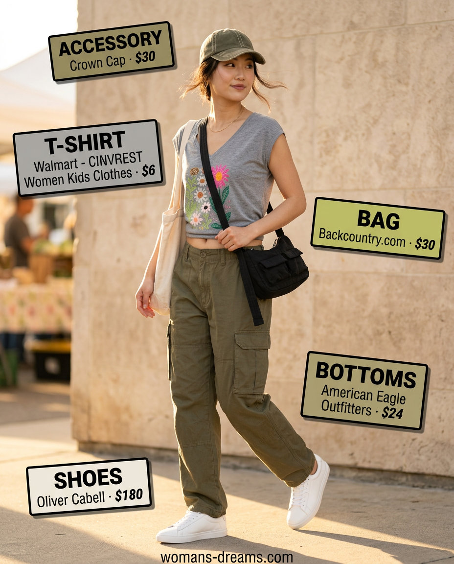 Casual summer v-neck outfits women 2026: Grey v-neck tee, olive cargo pants, and white sneakers.