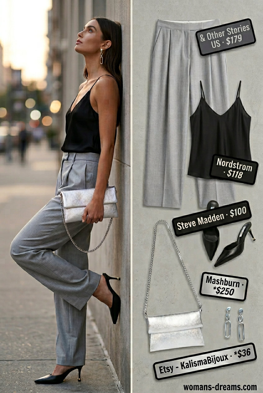 Chic black v-neck camisole with grey wide-leg trousers for women 2026, perfect for evening outs.