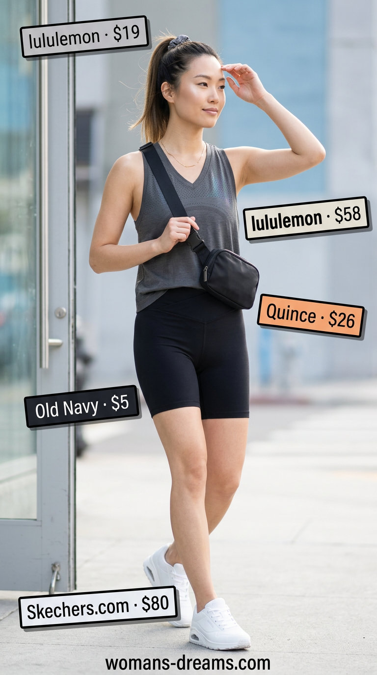 Sporty charcoal grey v-neck tank top with black biker shorts for women 2026, for active days.