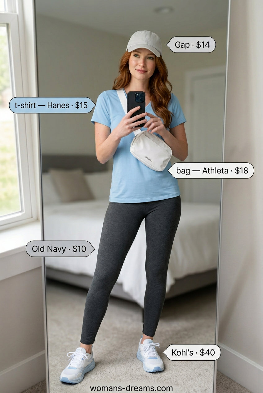 Athletic light blue v-neck t-shirt with grey leggings for women 2026, for casual travel.