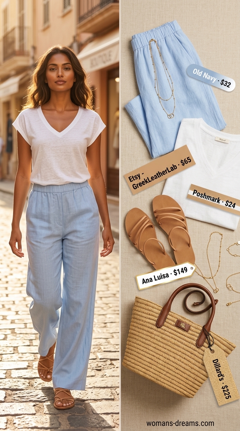Coastal white v-neck linen tee with light blue linen trousers for women 2026, for beach days.