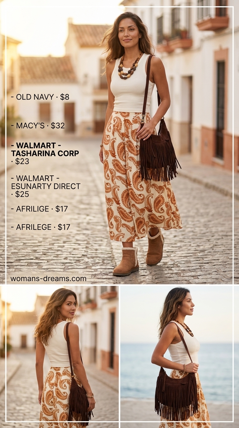 Rust paisley midi skirt, cream tank, suede boots & layered necklaces. Summer vacation outfits for women 2026.