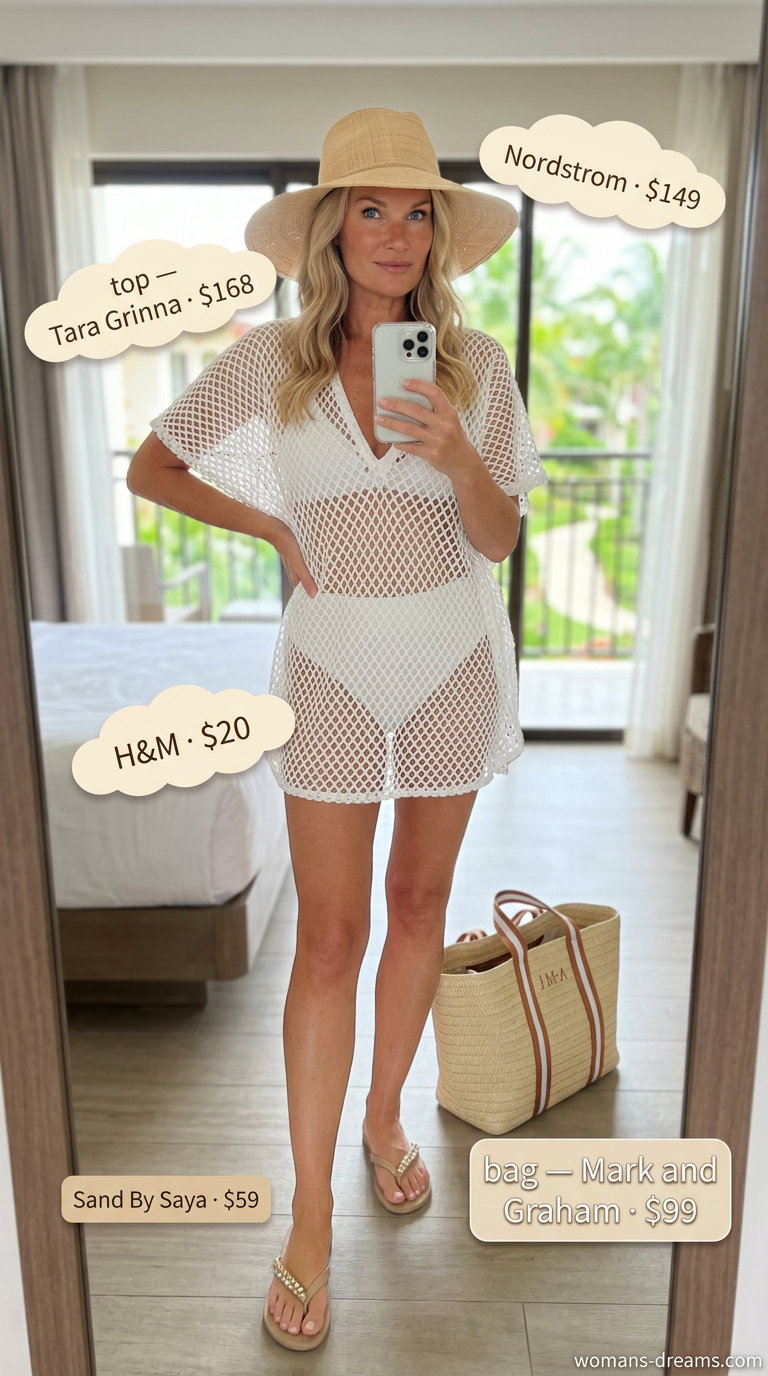 Boho beach cover-up: white sheer kaftan, straw hat & bag, embellished flip-flops. Summer vacation outfits for women 2026.