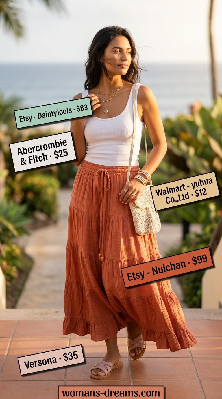Boho Chic Maxi Skirt outfit: terracotta skirt, white tank, woven bag. Summer vacation outfits for women 2026.