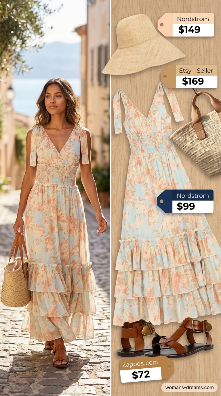 Floral maxi dress, straw hat, oversized straw tote & tan sandals. Summer vacation outfits for women 2026.