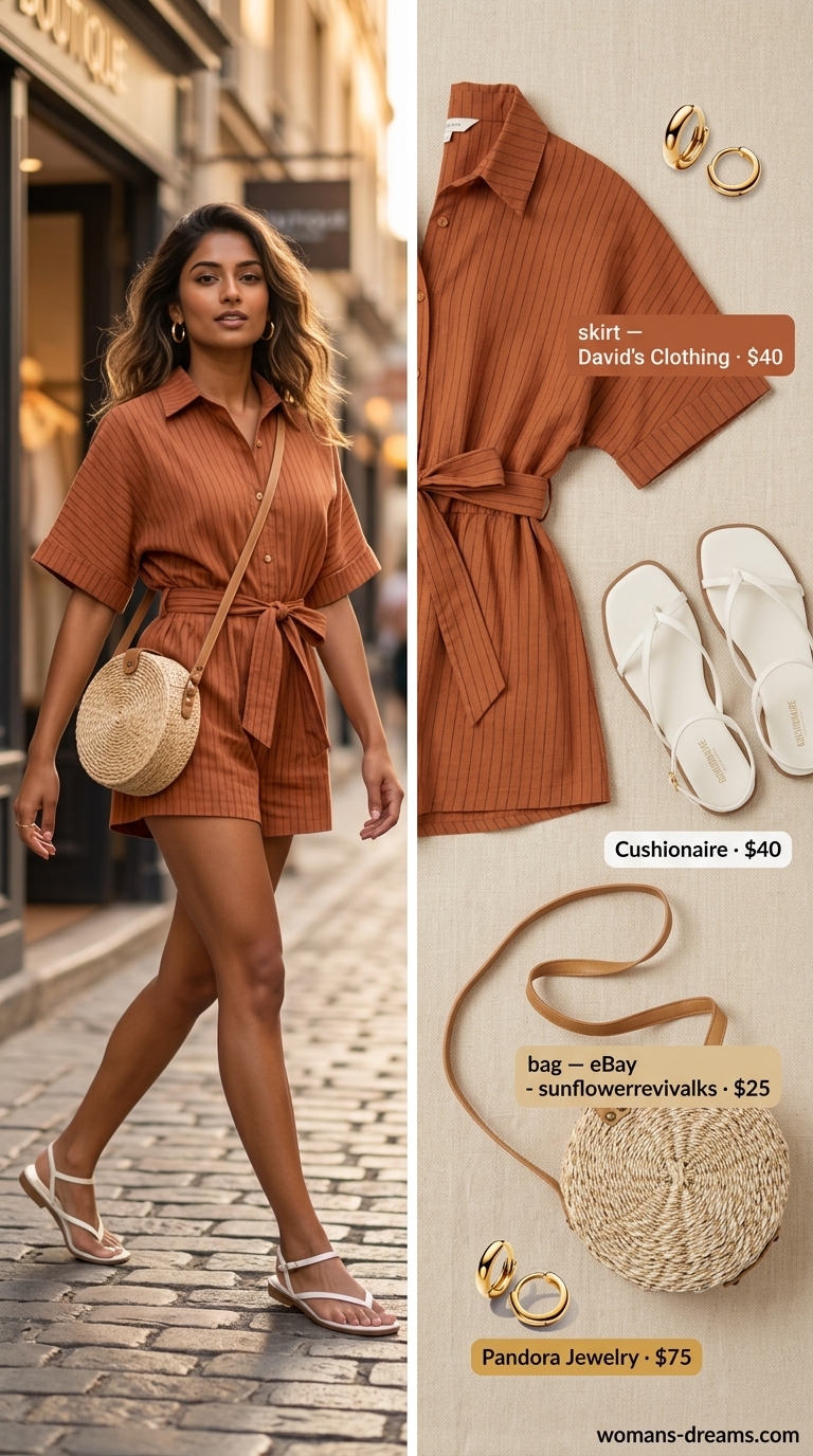 Terracotta romper with cream accents, straw crossbody bag, gold hoops. Summer vacation outfits for women 2026.