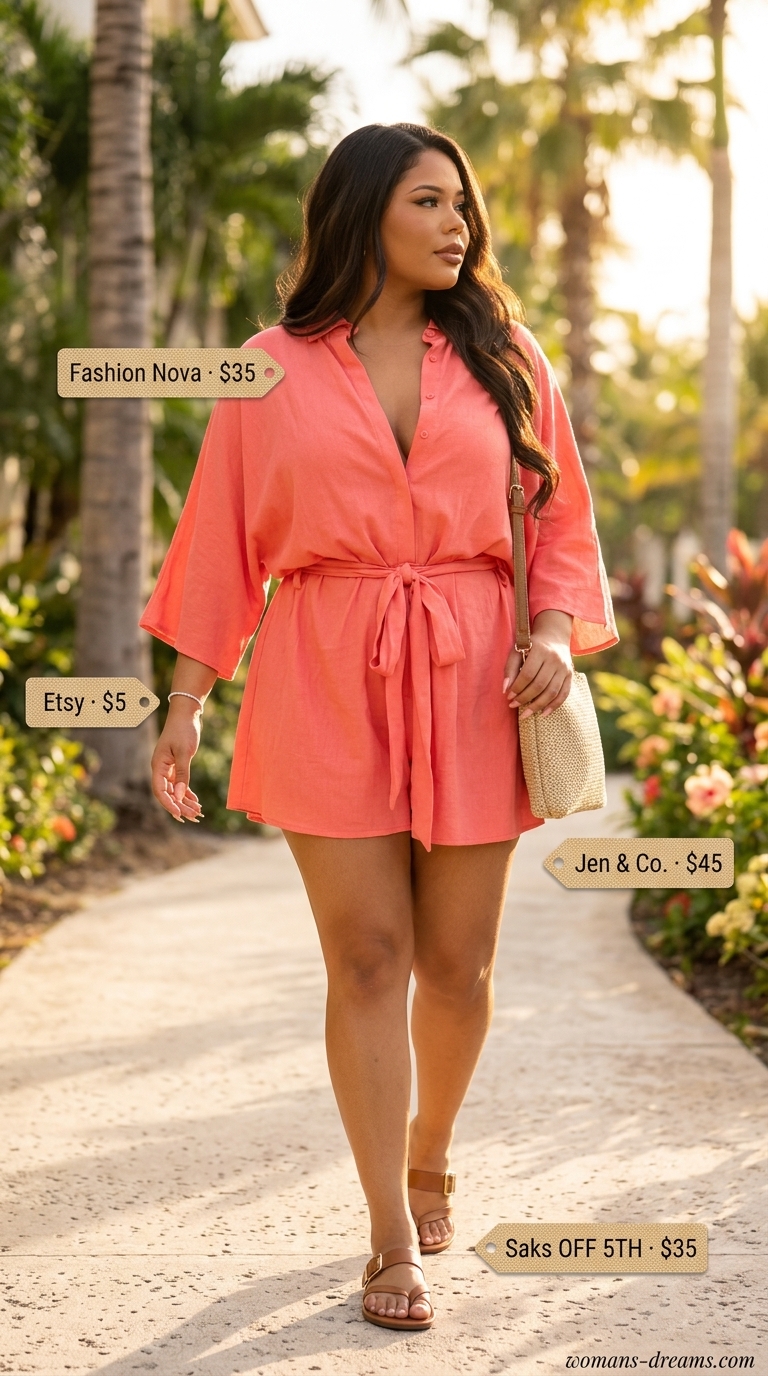 Playful Romper Adventure: coral romper, tan slides, straw bag. Summer vacation outfits for women 2026.