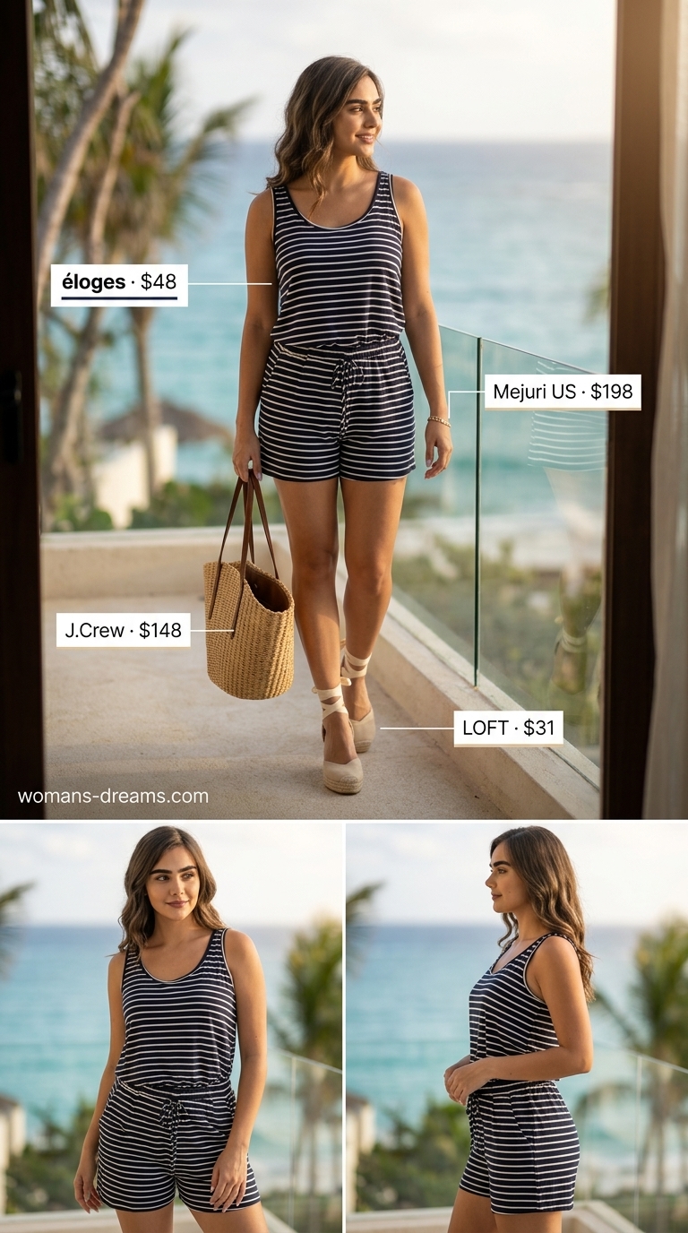 Riviera Style Shorts Set: navy & white stripes, straw tote, espadrille wedges. Summer vacation outfits for women 2026.