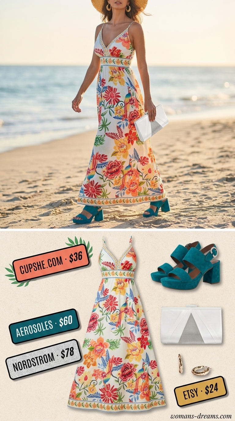 Sunset Maxi Flow dress: vibrant floral print, teal heels, white clutch. Summer vacation outfits for women 2026.