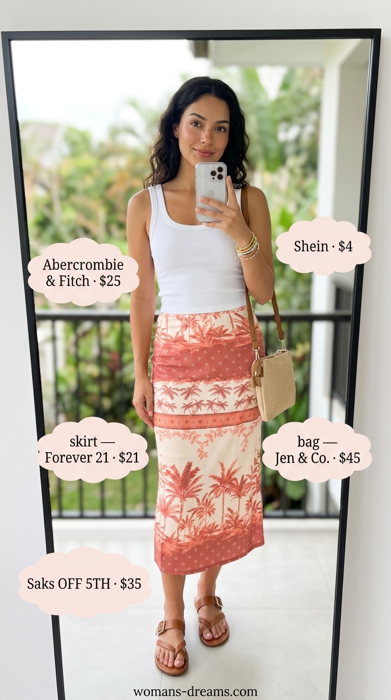 Tropical print midi skirt, white tank, tan sandals & straw bag. Summer vacation outfits for women 2026.